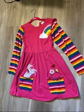 Rainbow Unicorn Pocket Dress - Long Sleeve 8-9